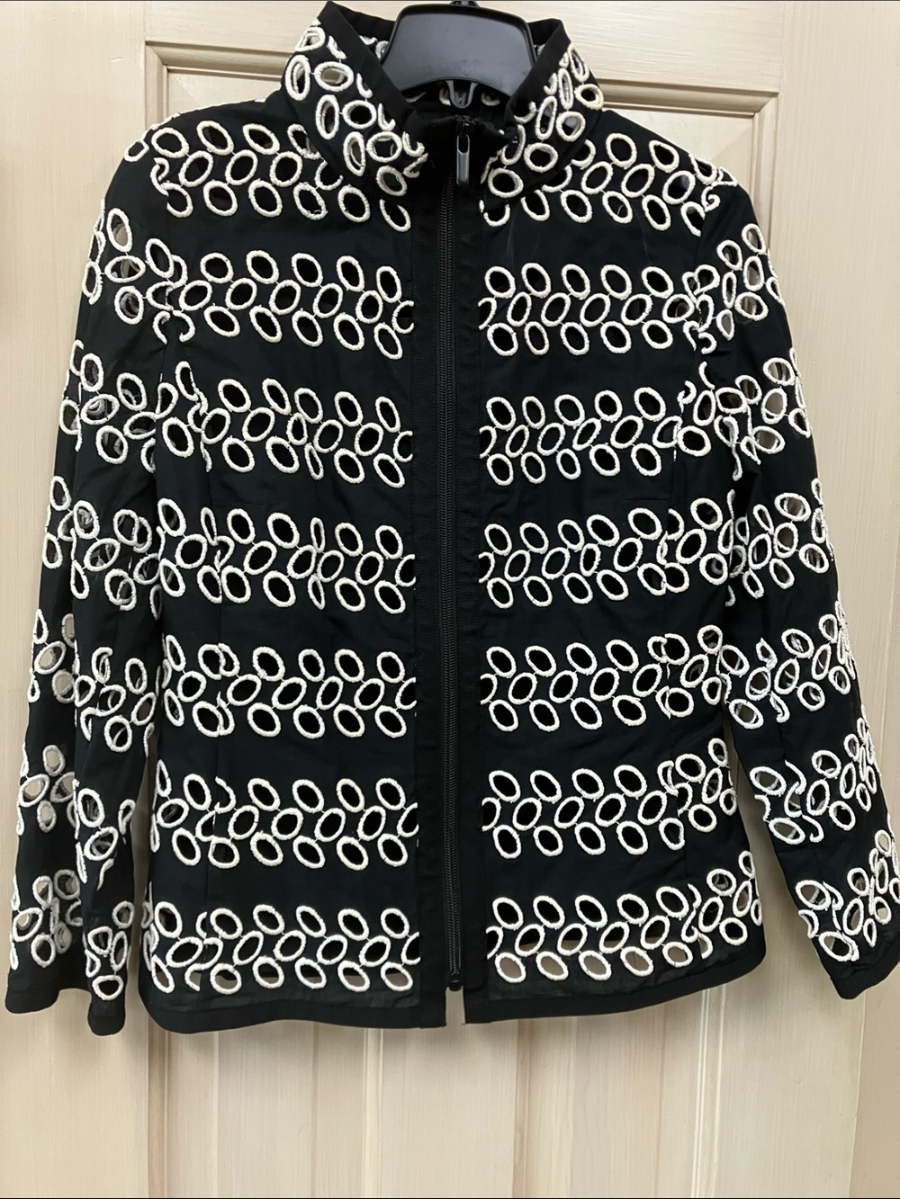 Carlisle Black Jacket with White Loop Embroidery and Black Silk Camisole